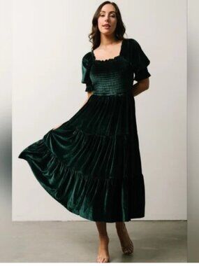 Baltic Born Vivaldi Velvet Smocked Midi Dress - Medium - Dark Green